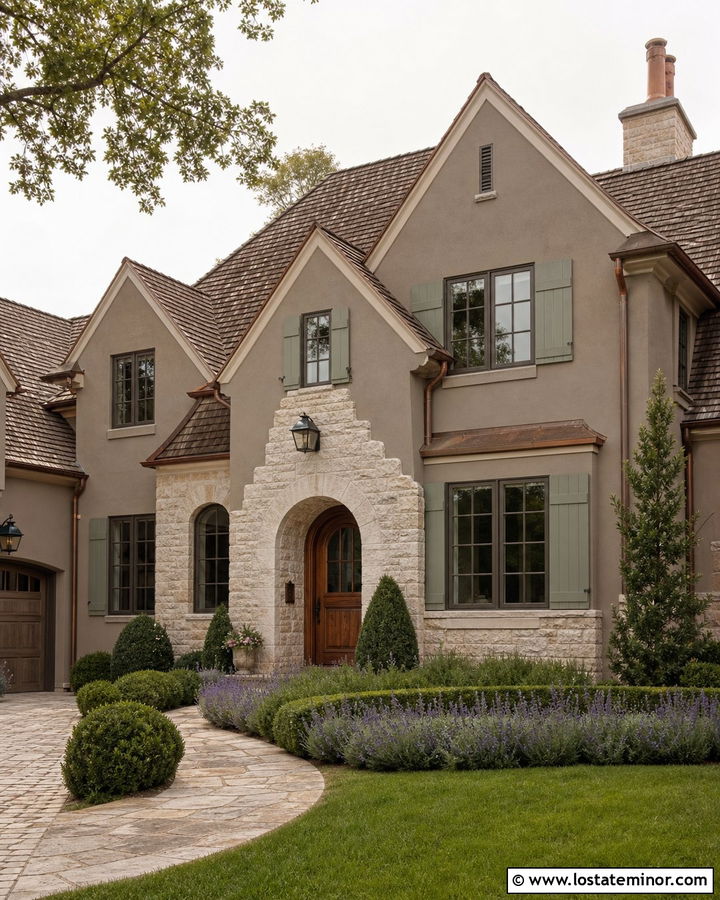 Taupe French Country House With Limestone - 30 Taupe House Design With Stone Accents Ideas