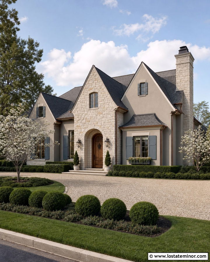 Taupe French Country House With Stone Gables - 30 Taupe House Design With Gables Ideas
