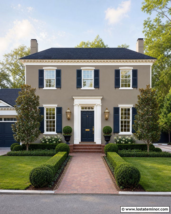 Taupe Georgian House With Antique Brass Lanterns - 30 Taupe House Design With Light Fixtures Ideas