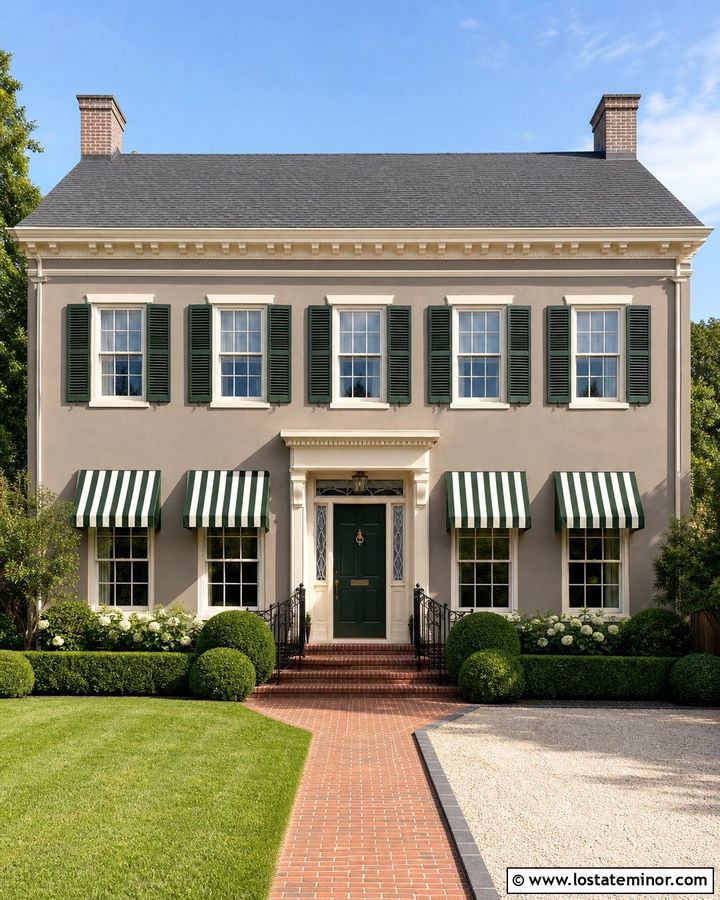 Taupe Georgian House With Green Striped Awnings - 30 Taupe House Design With Awning Ideas
