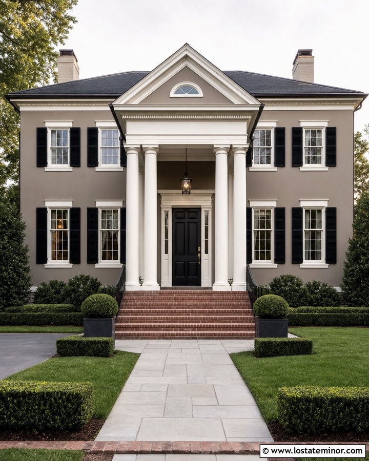Taupe Georgian House With Pediment Portico - 30 Taupe House Design With Portico Ideas