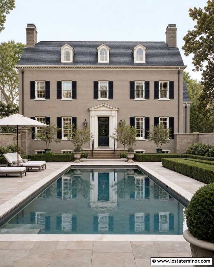 Taupe Georgian House With Symmetrical Pool - 30 Taupe House Design With Swimming Pool Ideas