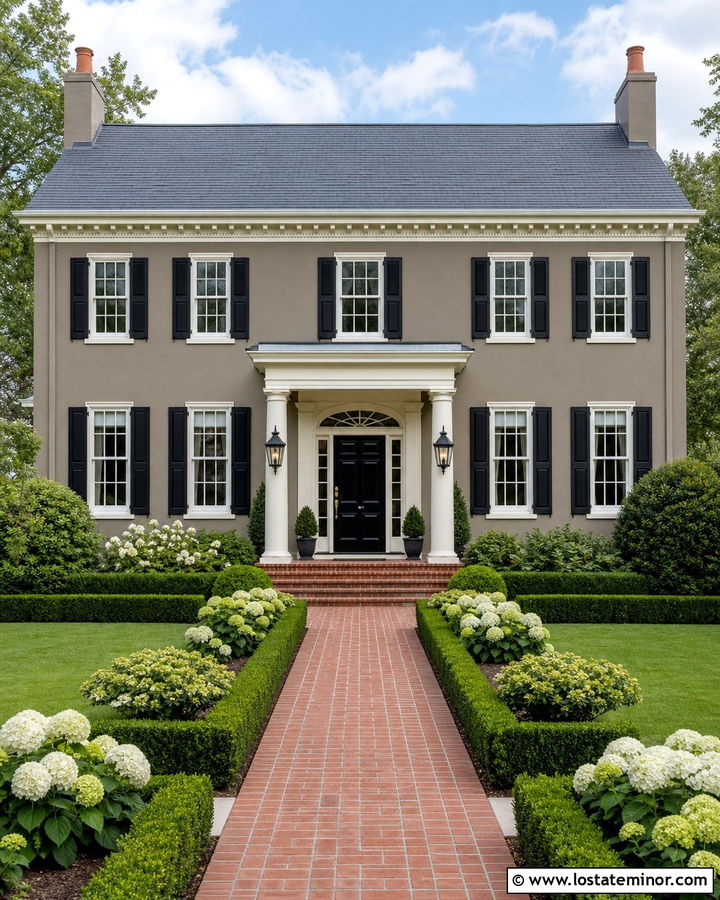 Taupe Georgian House With Traditional Lanterns - 30 Taupe House Design With Lighting Ideas