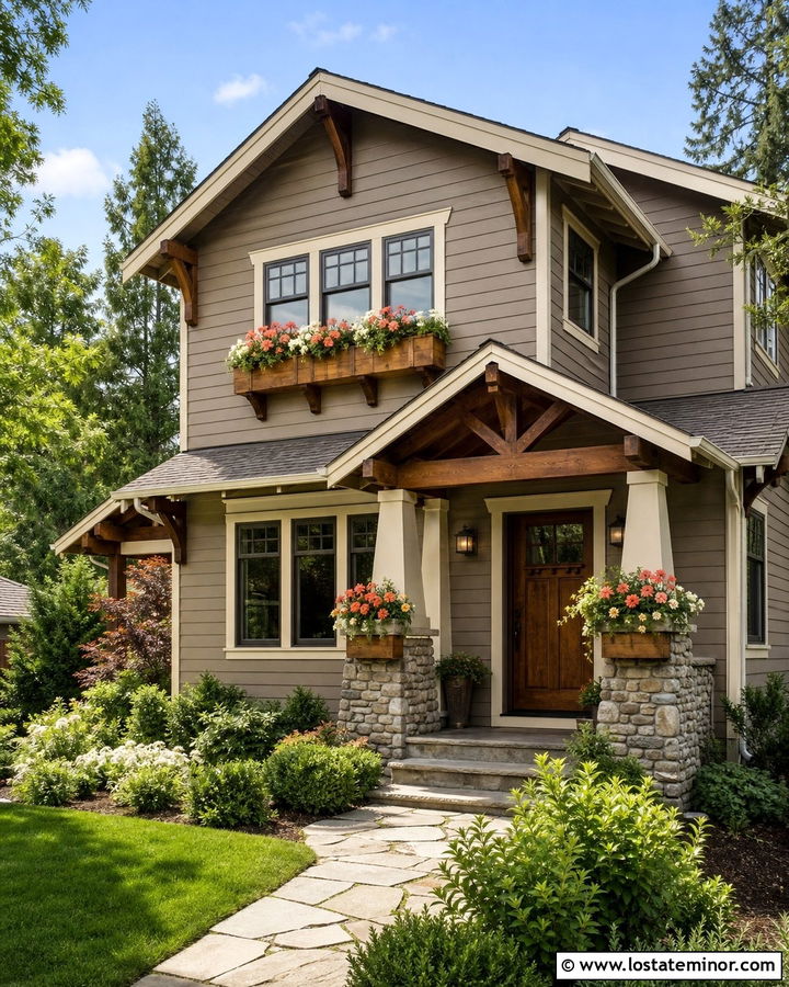 Taupe Greige Craftsman With Cedar Window Boxes - 30 Greige House Design With Window Boxes Ideas