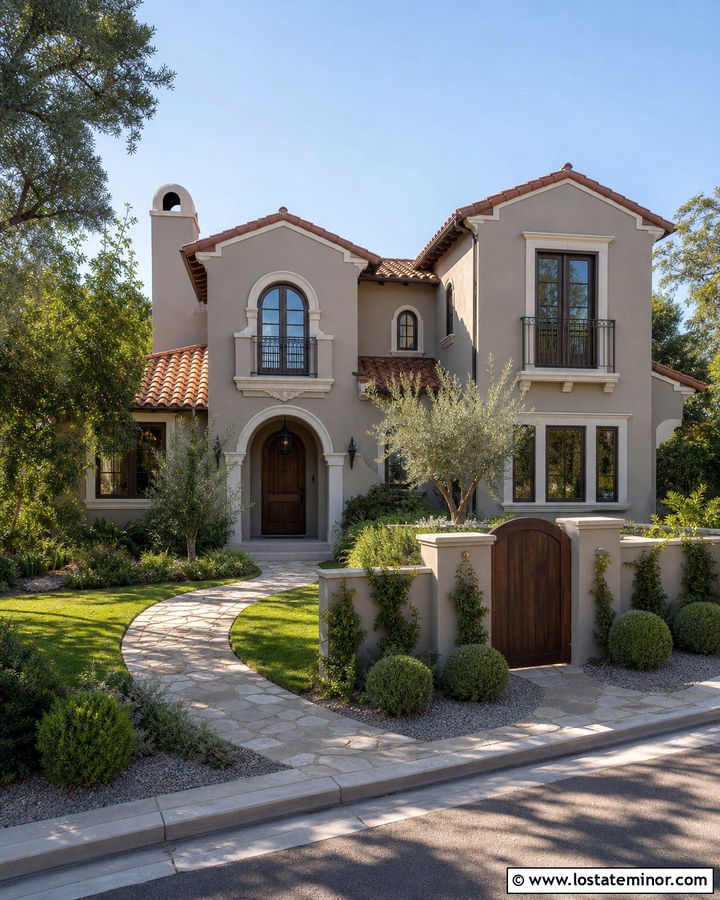 Taupe House With Arched Wood Gate - 30 Taupe House Design With Fence Ideas