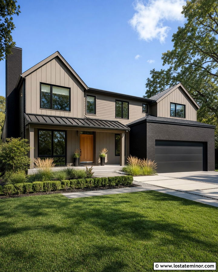 Taupe House With Black Brick Accents - 30 Taupe House Design With Brick Accents Ideas