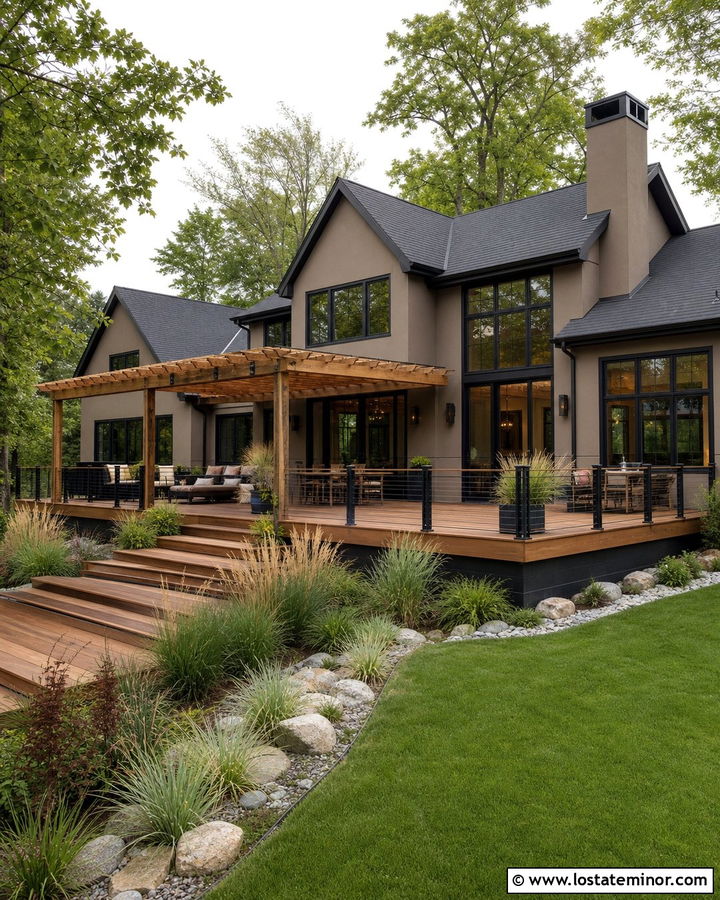 Taupe House With Black Cable Deck Railings - 30 Taupe House Design With Railings Ideas