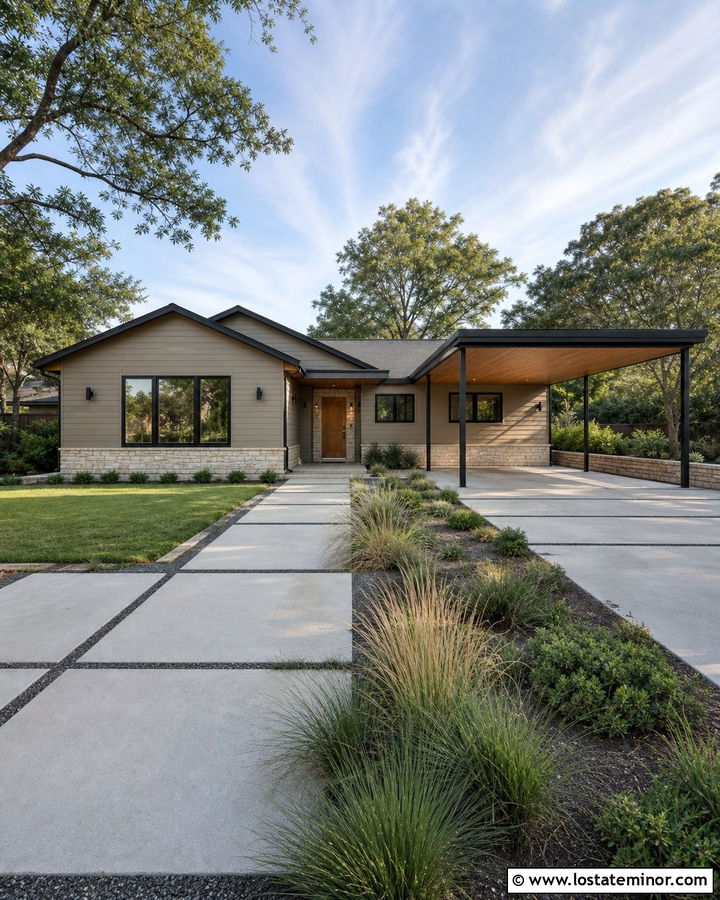 Taupe House With Black Carport Accents - 30 Taupe House Design With Carport Ideas