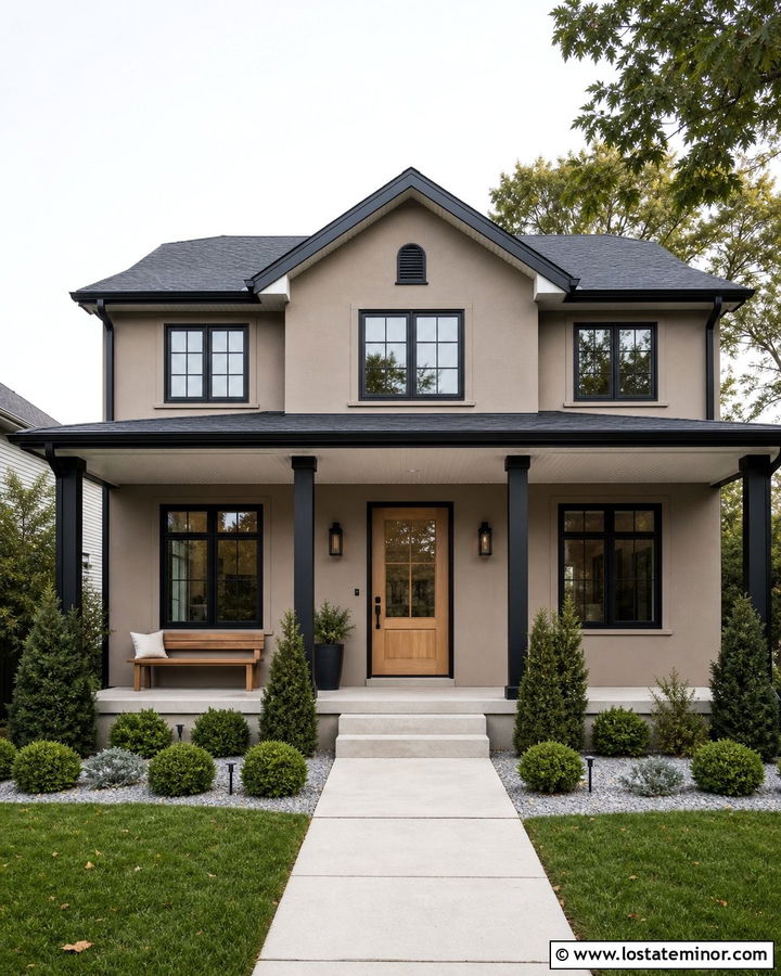 Taupe House With Black Columns And Wood Door - 30 Taupe House Design With Front Porch Ideas