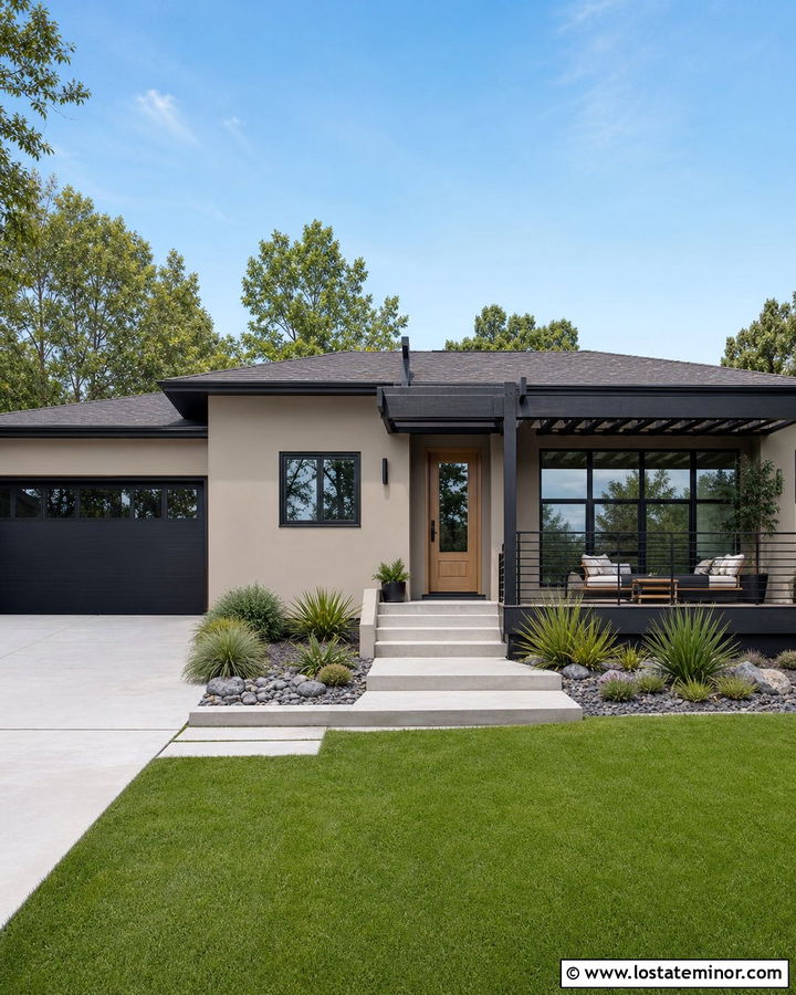 Taupe House With Black Composite Deck - 30 Taupe House Design With Deck Ideas