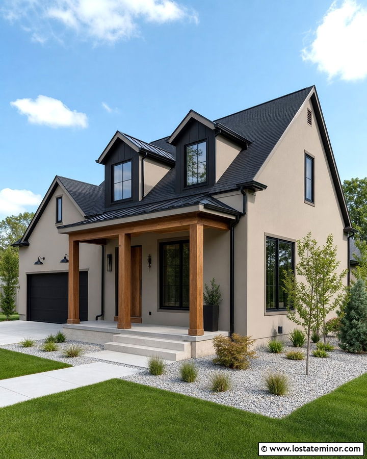 Taupe House With Black Dormers And Wood Door - 30 Taupe House Design With Dormers Ideas