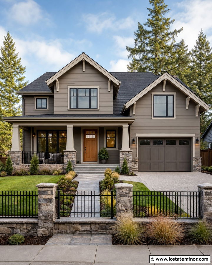 Taupe House With Black Fence And Stone Porch - 30 Taupe House Design With Fence Ideas