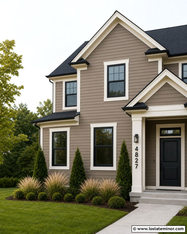 Taupe House With Black Floating Numbers - 30 Taupe House Design With House Numbers Ideas