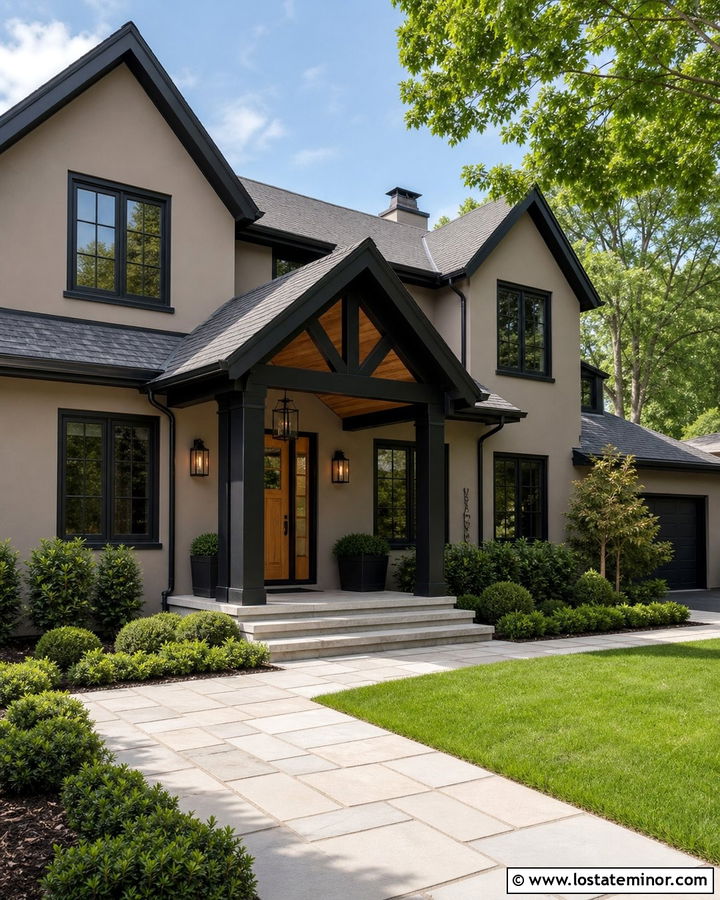 Taupe House With Black Gabled Portico - 30 Taupe House Design With Portico Ideas
