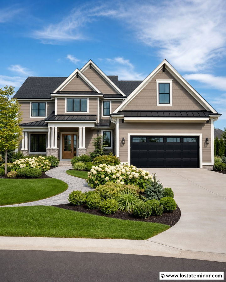 Taupe House With Black Garage Door - 30 Taupe House Design With Front Yard Ideas