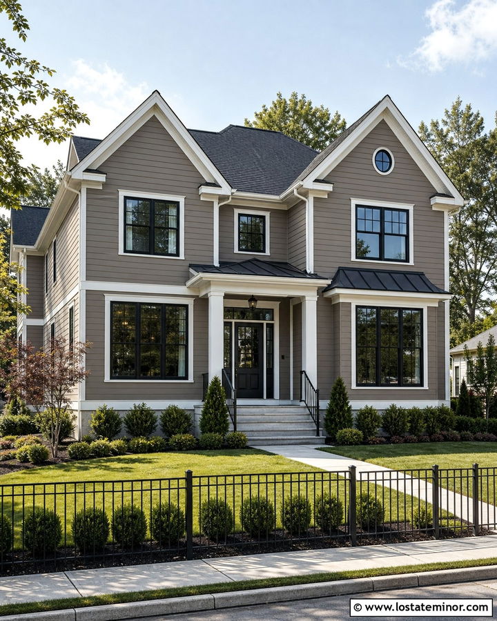 Taupe House With Black Metal Fence - 30 Taupe House Design With Fence Ideas