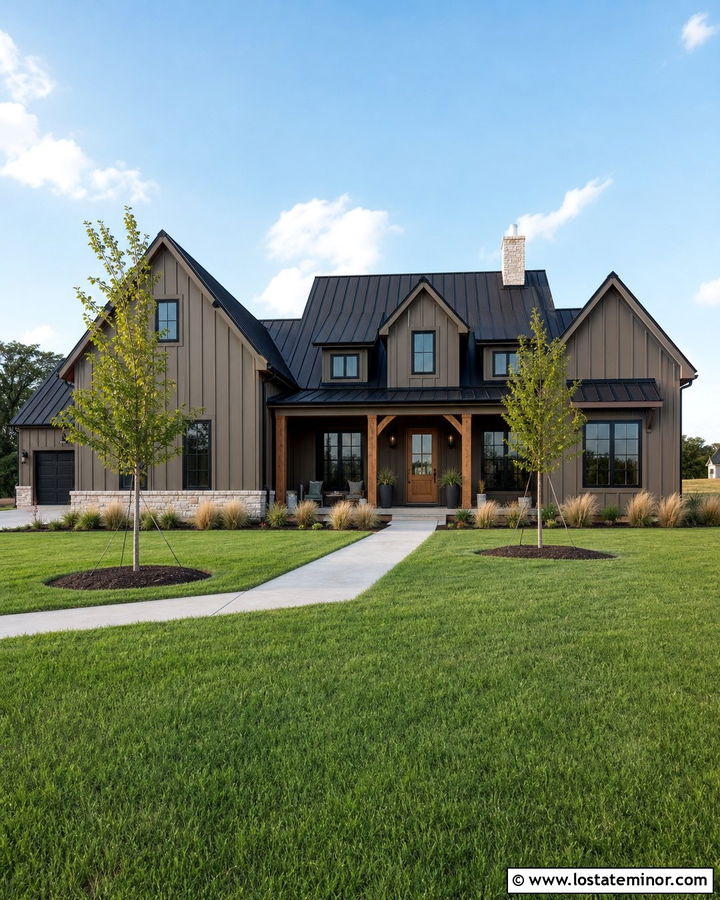 Taupe House With Black Metal Roof - 30 Taupe House Design With Accents Ideas