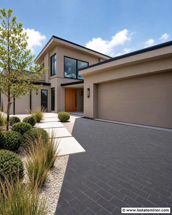 Taupe House With Black Paver Driveway - 30 Taupe House Design With Driveway Ideas