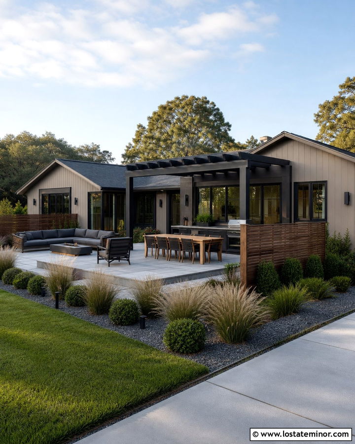 Taupe House With Black Pergola - 30 Taupe House Design With Backyard Ideas