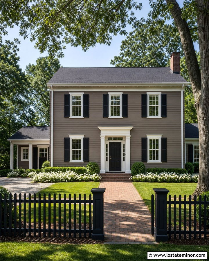 Taupe House With Black Picket Fence - 30 Taupe House Design With Fence Ideas