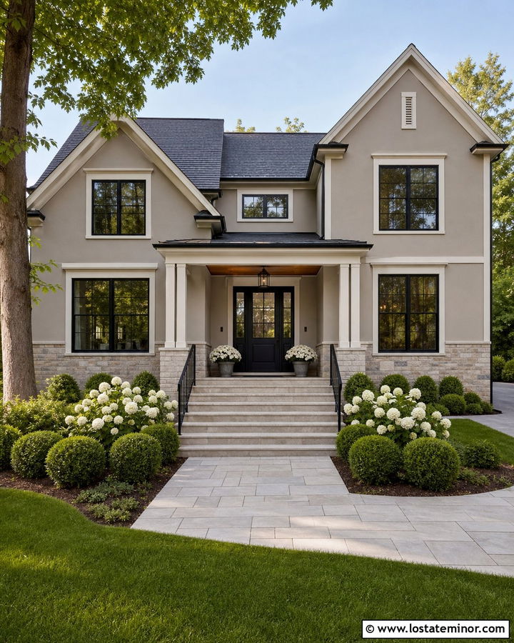 Taupe House With Black Railings And Stone Steps - 30 Taupe House Design With Steps Ideas