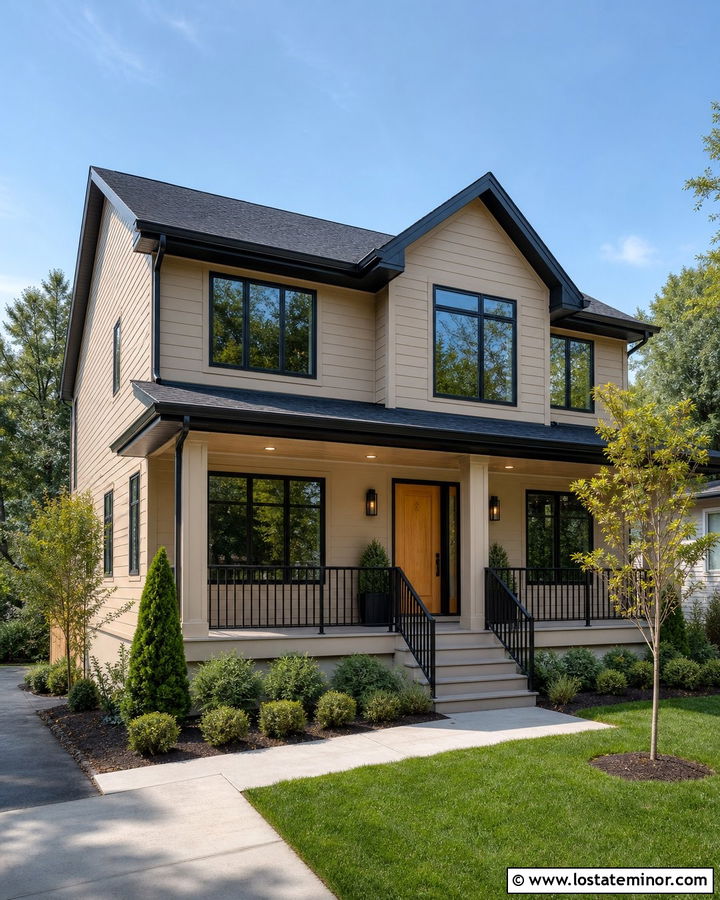Taupe House With Black Roof And Black Railings - 30 Taupe House Design With Railings Ideas