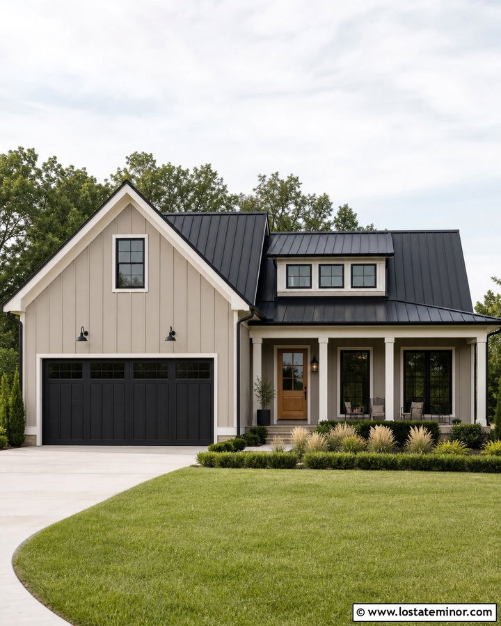 Taupe House With Black Roof And Matching Garage - 30 Taupe House Design With Garage Door Ideas