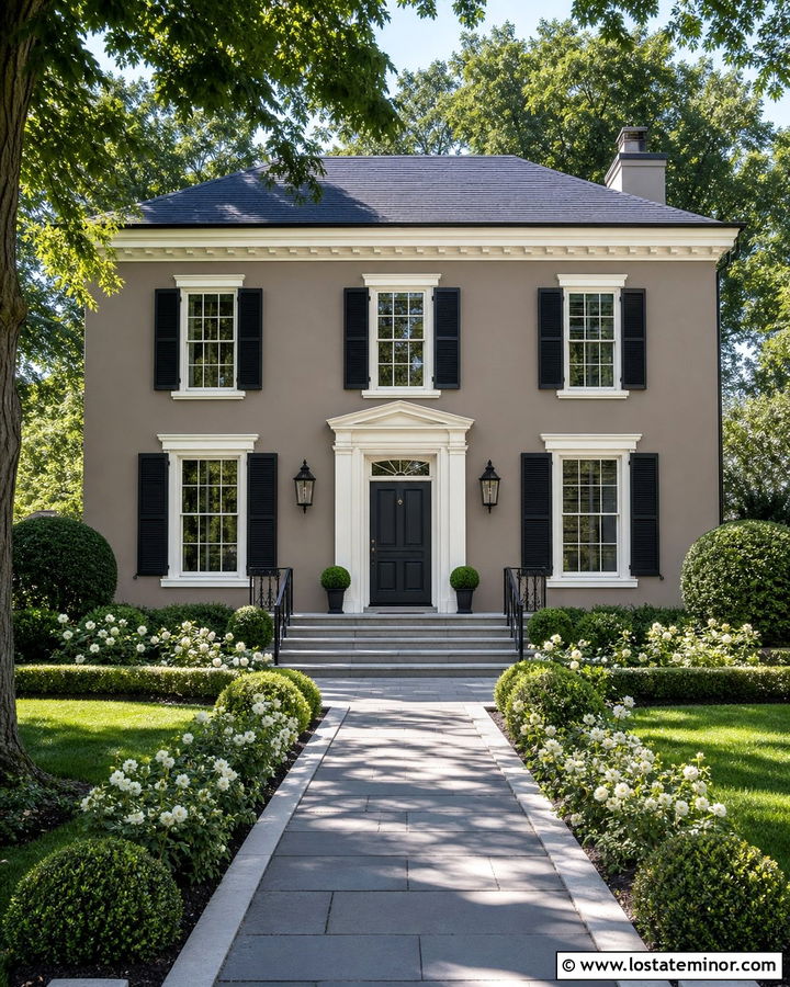 Taupe House With Black Shutters And White Roses - 30 Taupe House Design With Landscaping Ideas