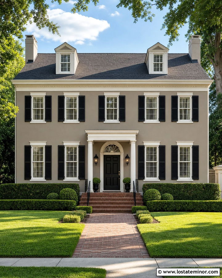 Taupe House With Black Shutters And White Trim - 30 Taupe House Design With Trim Ideas