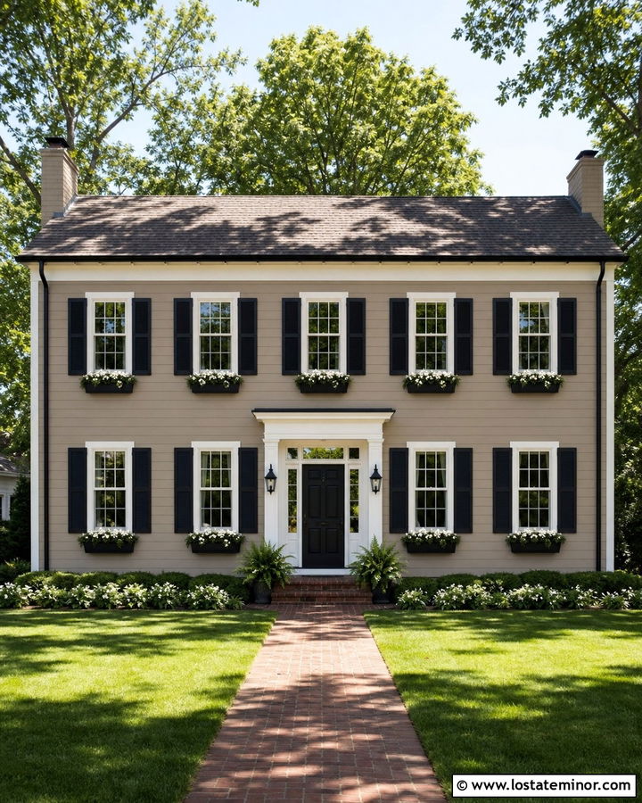 Taupe House With Black Shutters And Window Boxes - 30 Taupe House Design With Window Boxes Ideas