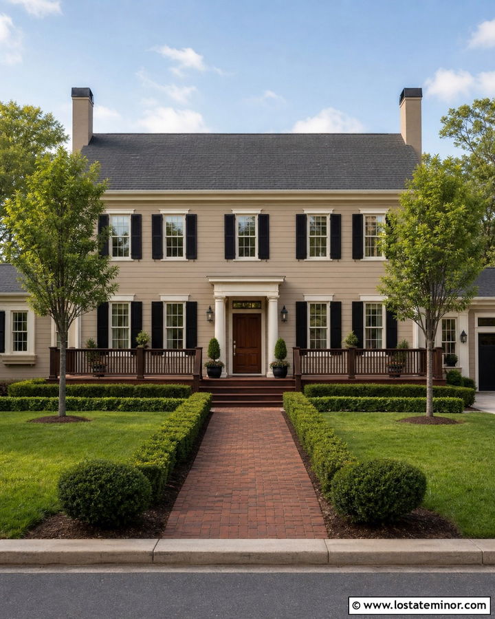 Taupe House With Black Shutters And Wood Deck - 30 Taupe House Design With Deck Ideas