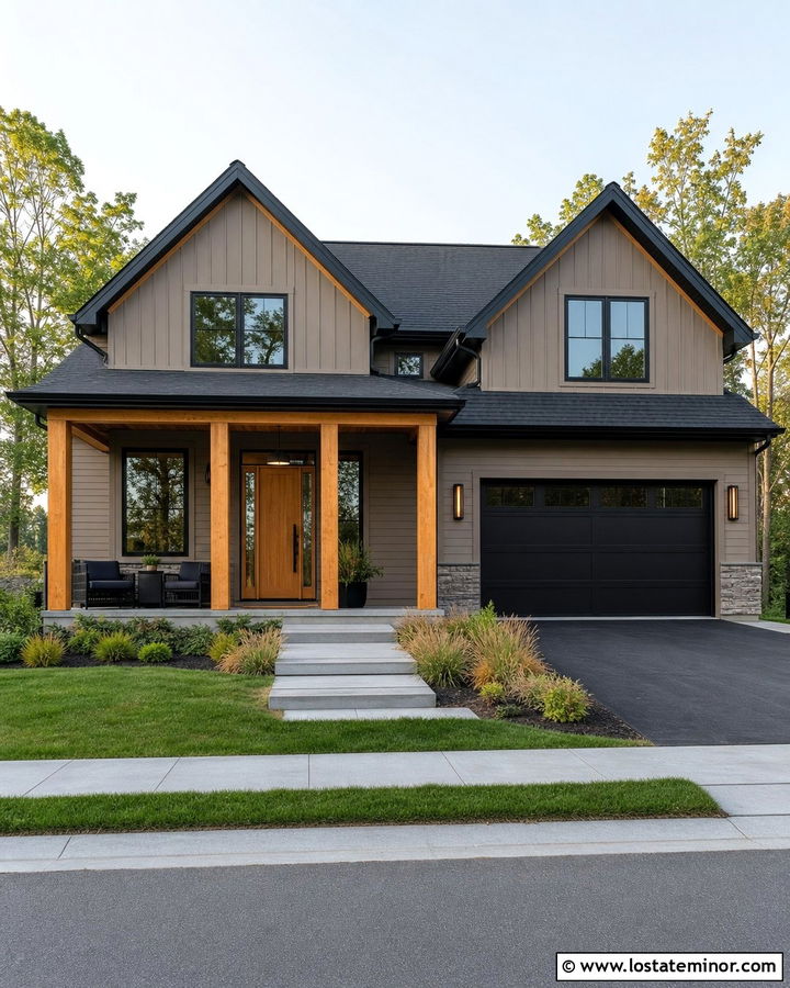 Taupe House With Black Trim And Cedar Accents - 30 Taupe House Design With Accents Ideas