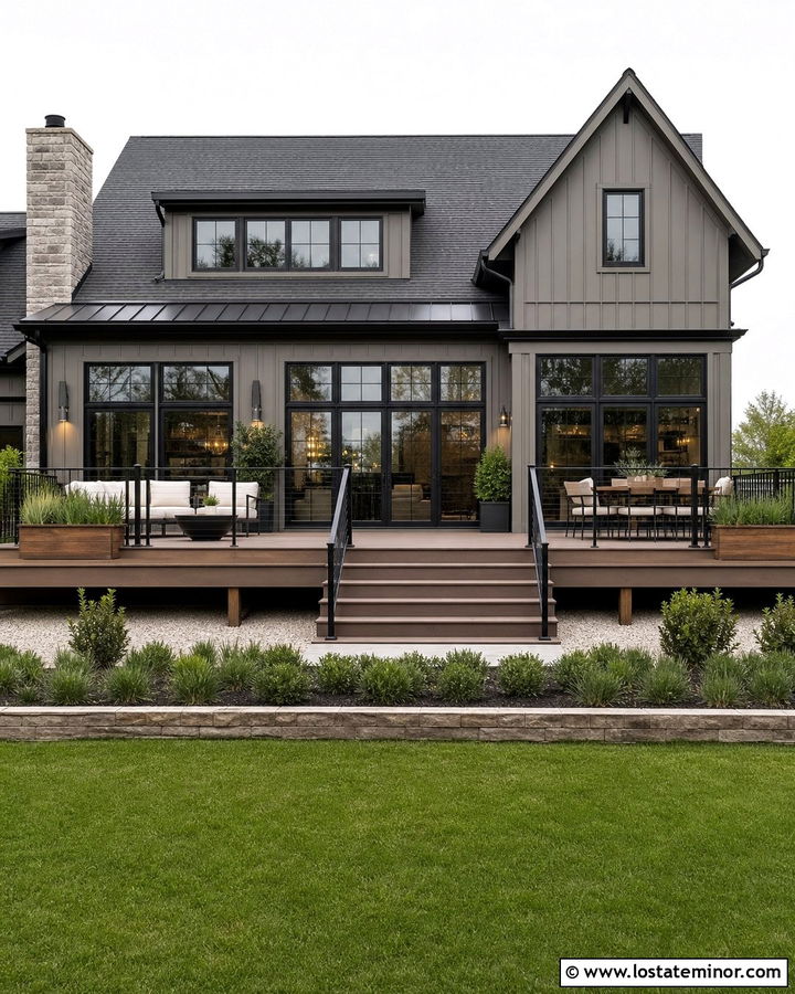 Taupe House With Black Trim And Deck - 30 Taupe House Design With Backyard Ideas