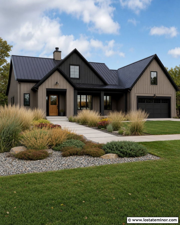 Taupe House With Black Trim And Ornamental Grasses - 30 Taupe House Design With Landscaping Ideas