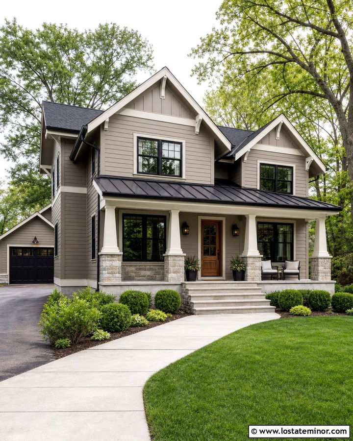 Taupe House With Black Windows And Stone Porch - 30 Taupe House Design With Accents Ideas