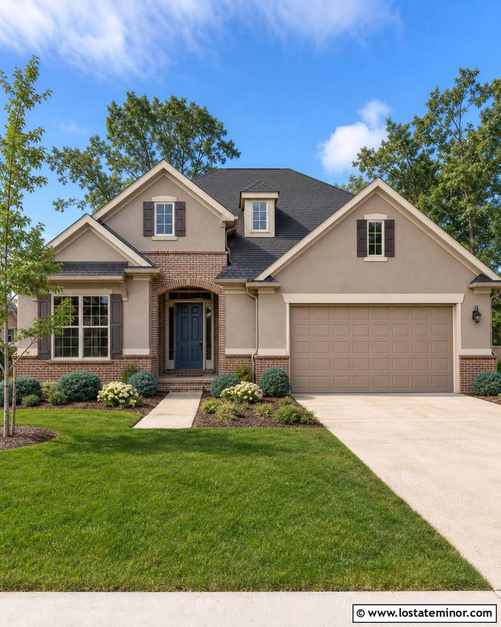 Taupe House With Blue Door And Brick - 30 Taupe House Design With Brick Accents Ideas