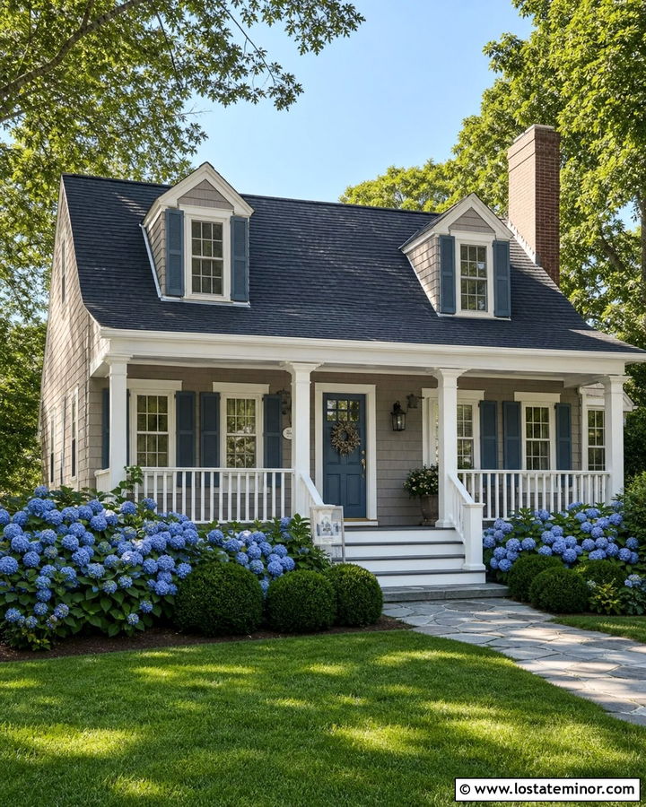 Taupe House With Blue Front Door And White Porch - 30 Taupe House Design With Front Porch Ideas