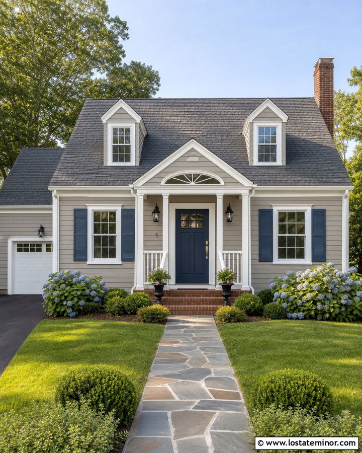 Taupe House With Blue Front Door And White Trim - 30 Taupe House Design With Trim Ideas