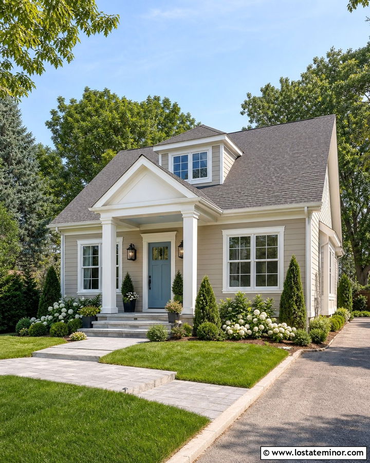 Taupe House With Blue Front Door Portico - 30 Taupe House Design With Portico Ideas