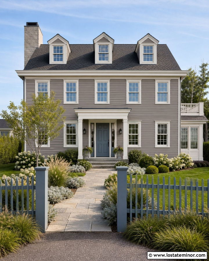 Taupe House With Blue Gray Fence - 30 Taupe House Design With Fence Ideas