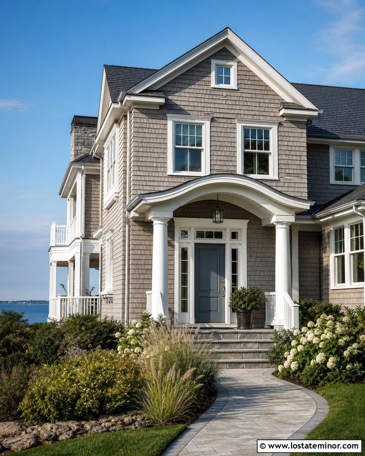 Taupe House With Blue Gray Front Door - 30 Taupe House Design With Front Door Ideas