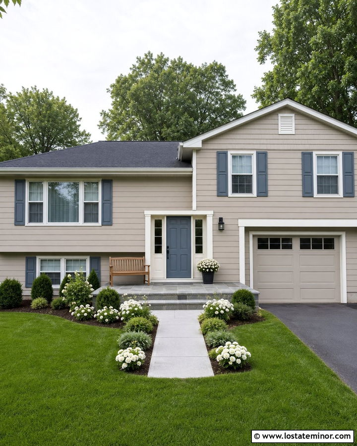 Taupe House With Blue Gray Front Door - 30 Taupe House Design With Entry Door Ideas