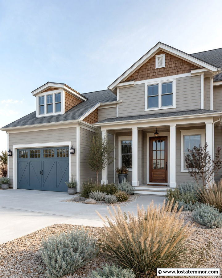 Taupe House With Blue Gray Garage Door - 30 Taupe House Design With Garage Door Ideas