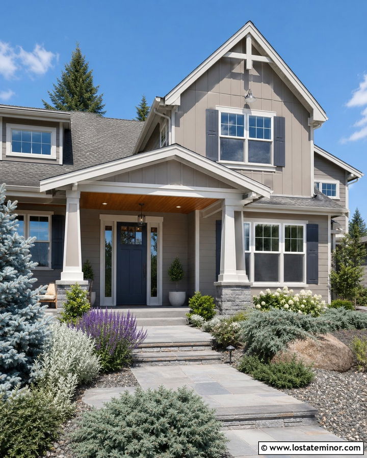 Taupe House With Blue Spruce And Cool Toned Landscaping - 30 Taupe House Design With Landscaping Ideas
