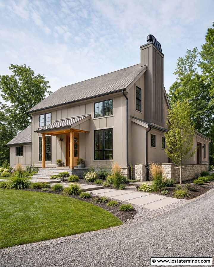 Taupe House With Board And Batten Chimney Surround - 30 Taupe House Design With Chimney Ideas