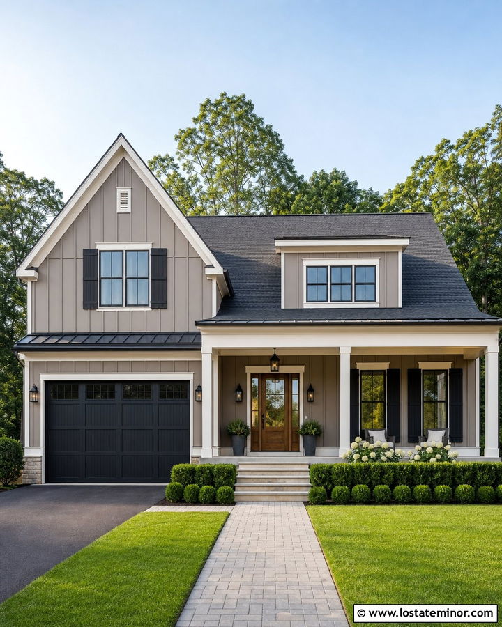 Taupe House With Board And Batten Shutters - 30 Taupe House Design With Shutters Ideas