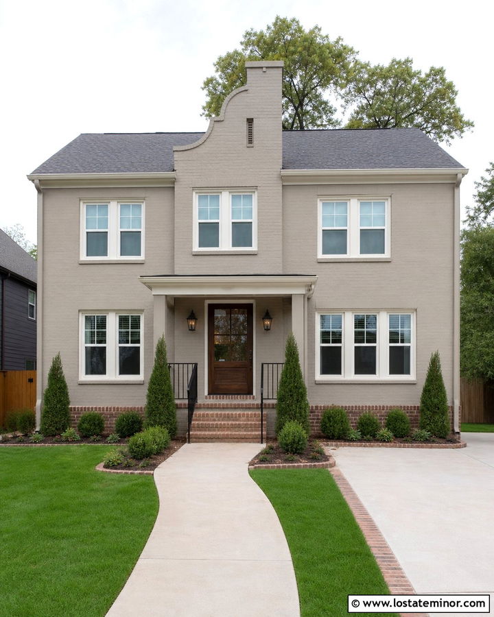 Taupe House With Brick Accents And Iron Railings - 30 Taupe House Design With Railings Ideas