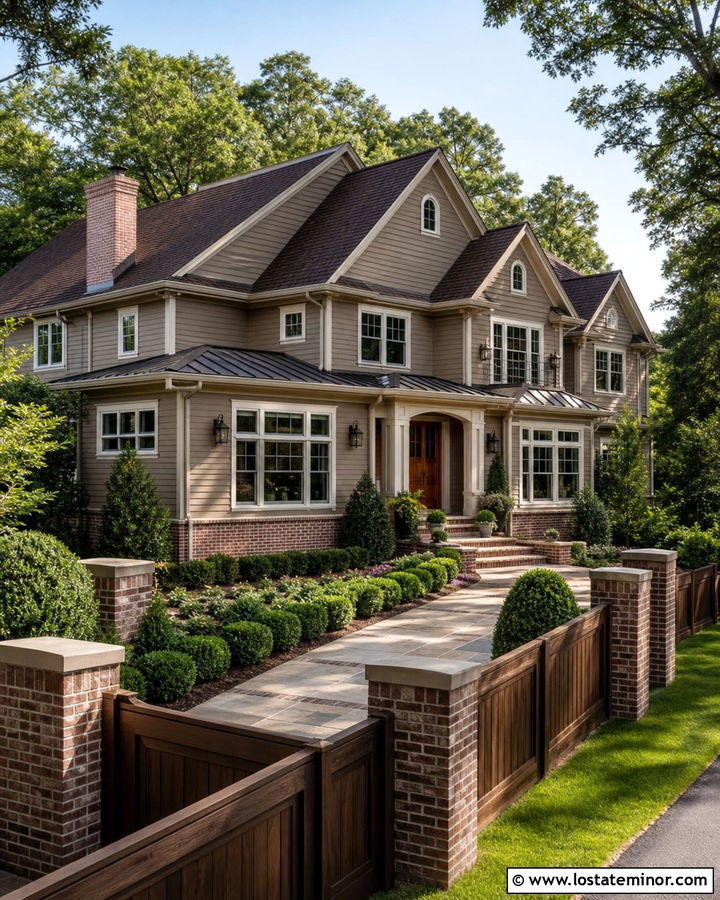 Taupe House With Brick And Wood Fence - 30 Taupe House Design With Fence Ideas