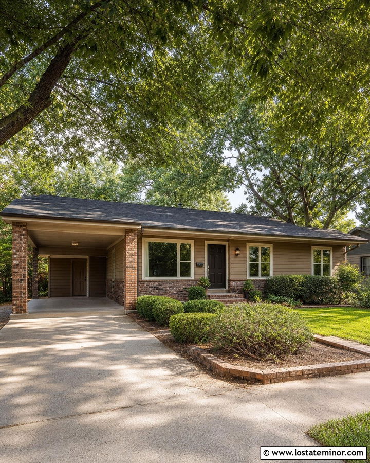Taupe House With Brick Carport Columns - 30 Taupe House Design With Carport Ideas