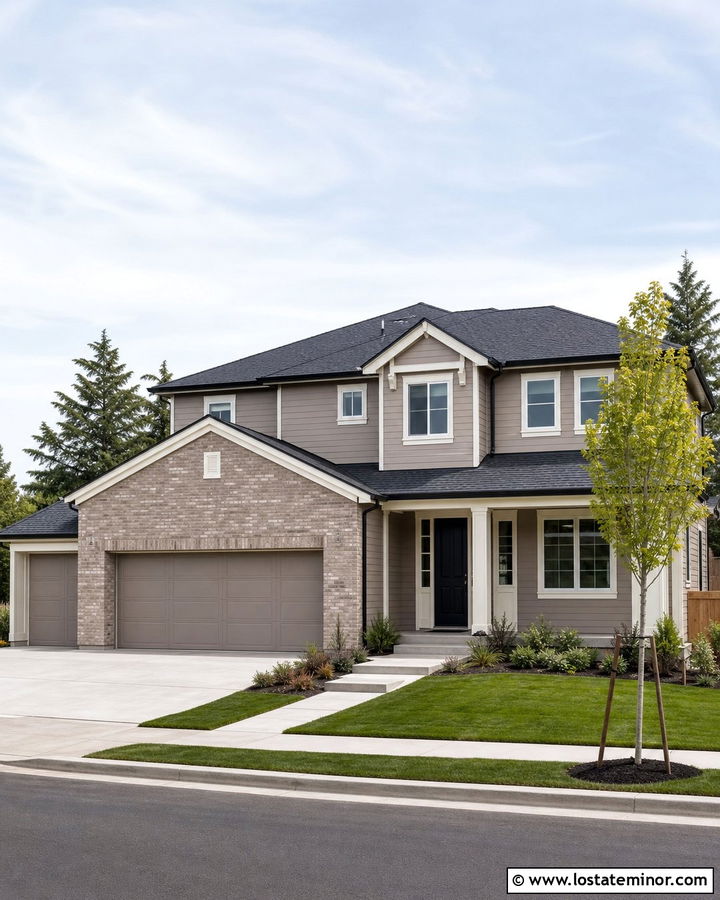 Taupe House With Brick Garage - 30 Taupe House Design With Brick Accents Ideas